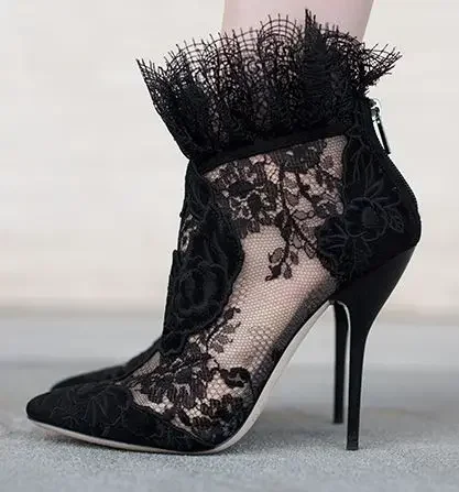 Elegant Black Embroidered Women Booties Lace Flowers Super Thin High Seel Shoes Ankle High Zipper Feminine Short Boots Cut-out