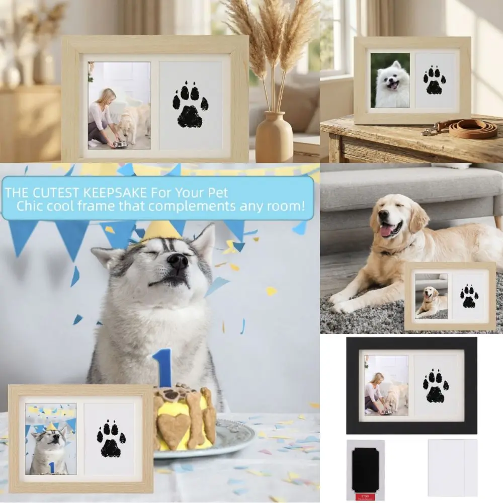 Wooden Pet Paw Print Kit Inkless Kit Clean-Touch Memorial Frame Clean-Touch Ink Pad Soft Clay Paw Print Photo Frame Pet Memorial