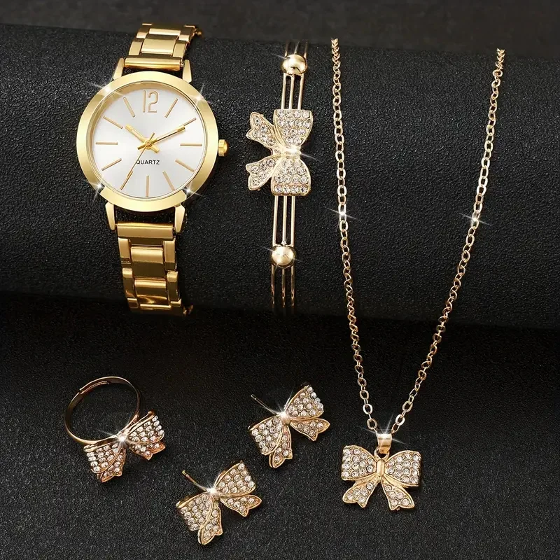 6pcs Fashion minimalist scale Ladies Alloy compact quartz watch with bow bracelet Necklace Ring Earrings set