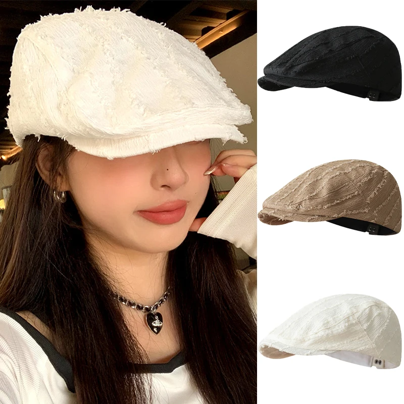 Burr Edge Berets for Women Girls Solid Color Simple Versatile Forward Hat Korean Literary Vintage Painter Caps Reverse Beret Cap