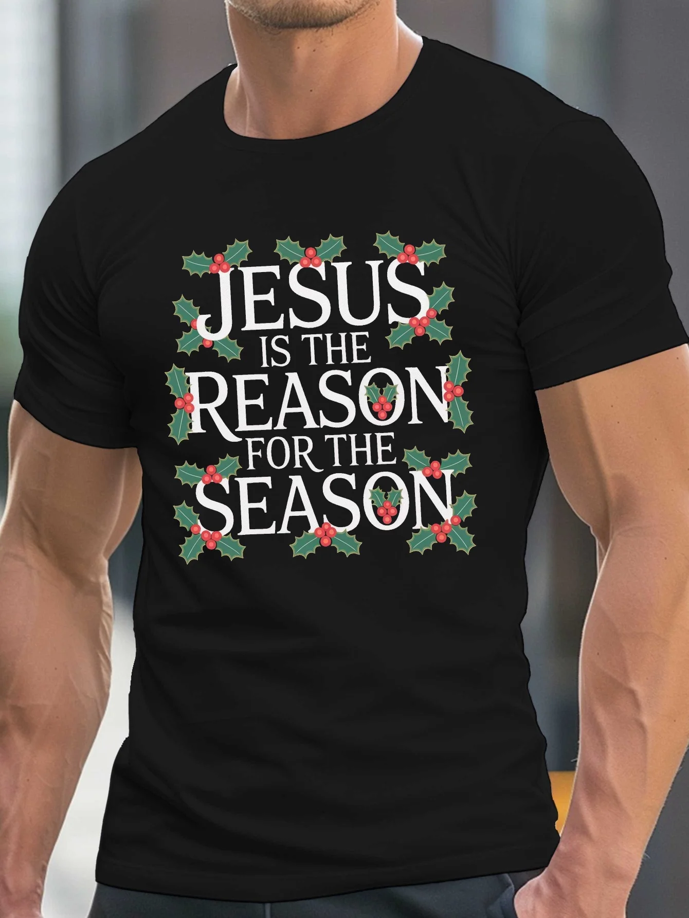

Men's Christian Christmas T-Shirt "Jesus is The Reason for the Season" with Holly & Berry Lettering - Red & Green Short