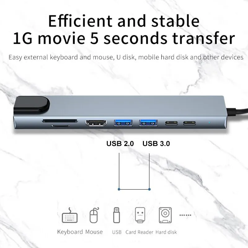 8in1 Type C Hub USB C 8 in 1 USB3.1 naar 4K HDMI-adapter met RJ45 SD/TF-kaartlezer PD snel opladen voor laptopcomputer