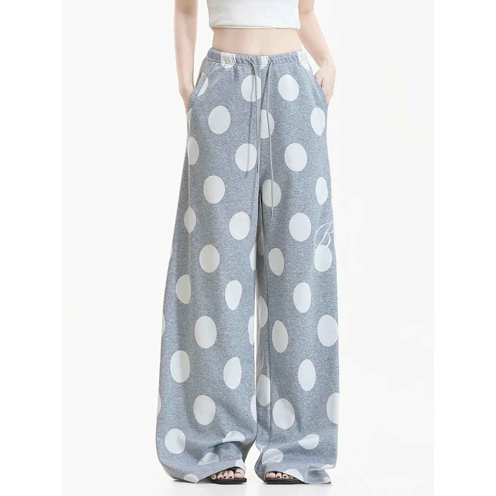 Korean Polka Dot Print Sweatpants Women Loose Fit Wide Leg Pants Casual Streetwear Harajuku Drawstring Lounge Trousers Female