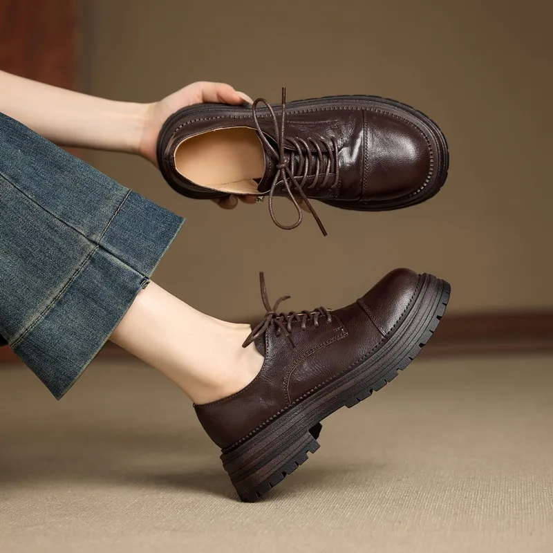 

Женские оксфорды на шнуровке, новинка 2026 года, весенние, в британском стиле, женские лоферы, нескользящие, с круглым носком, из натуральной кожи, для женщин