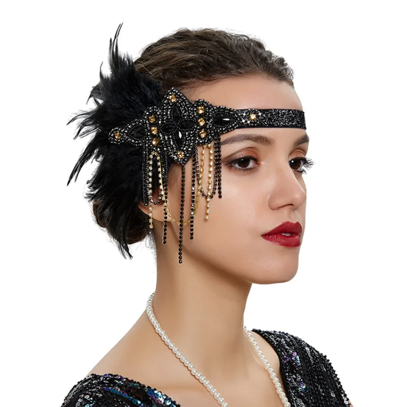 Hair Accessories 1920s Flapper Headpiece 20s Gatsby Black Feather Headband Roaring 20s Hair Accessories with Crystal Beads