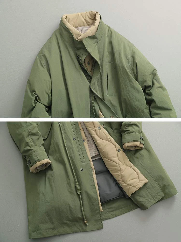 2023 New Cotton Padded Parka Army Green Vintage Fake Two Piece Stand Collar Long Jacket Women Drawstring Big Pocket Coat Women