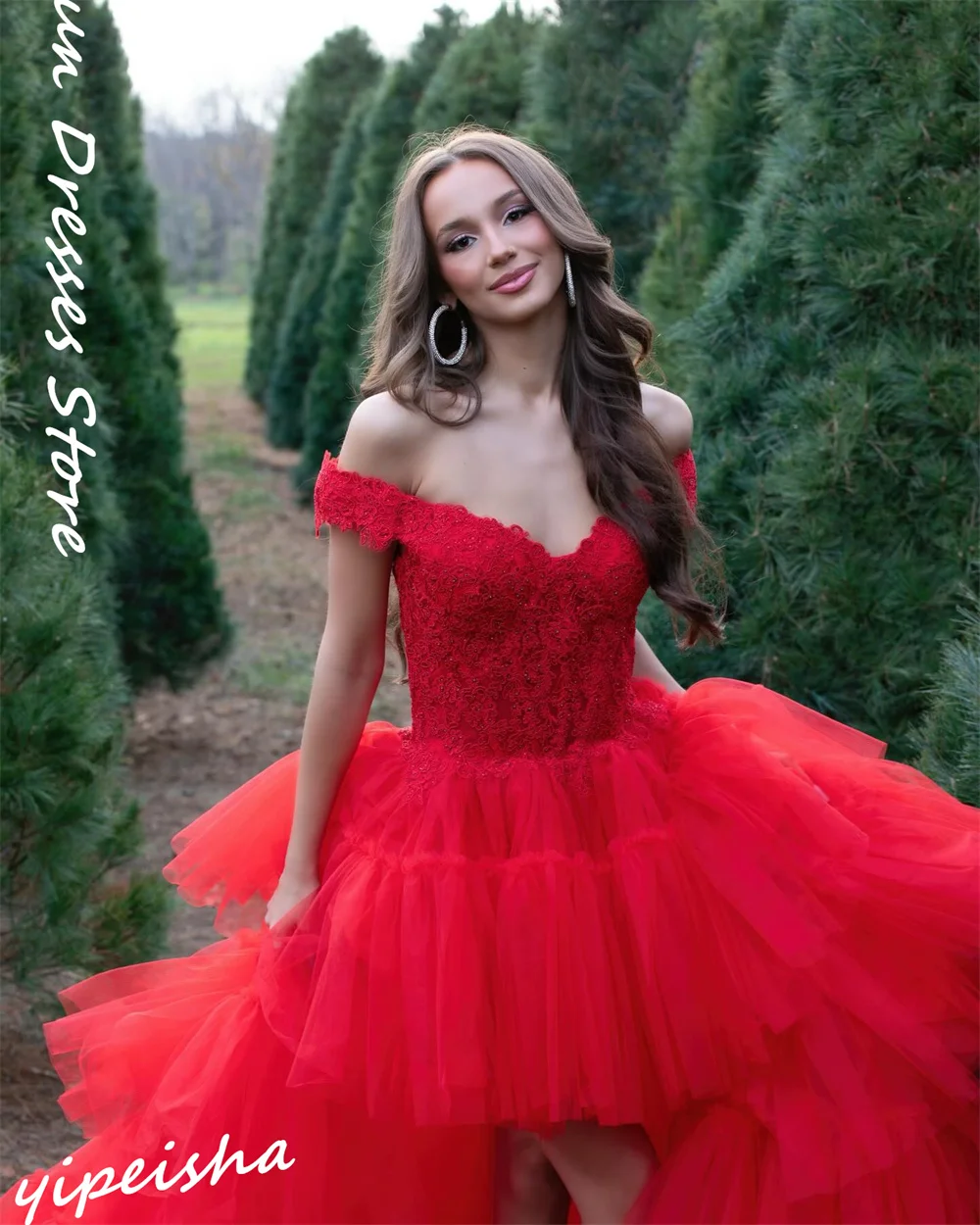 Fashion Off-the-shoulder Ball Gown  Hi-Lo Homecoming Dresses Lace Net/Tulle Formal Occasion  vestido فساتين سهره نسائيه فخمة