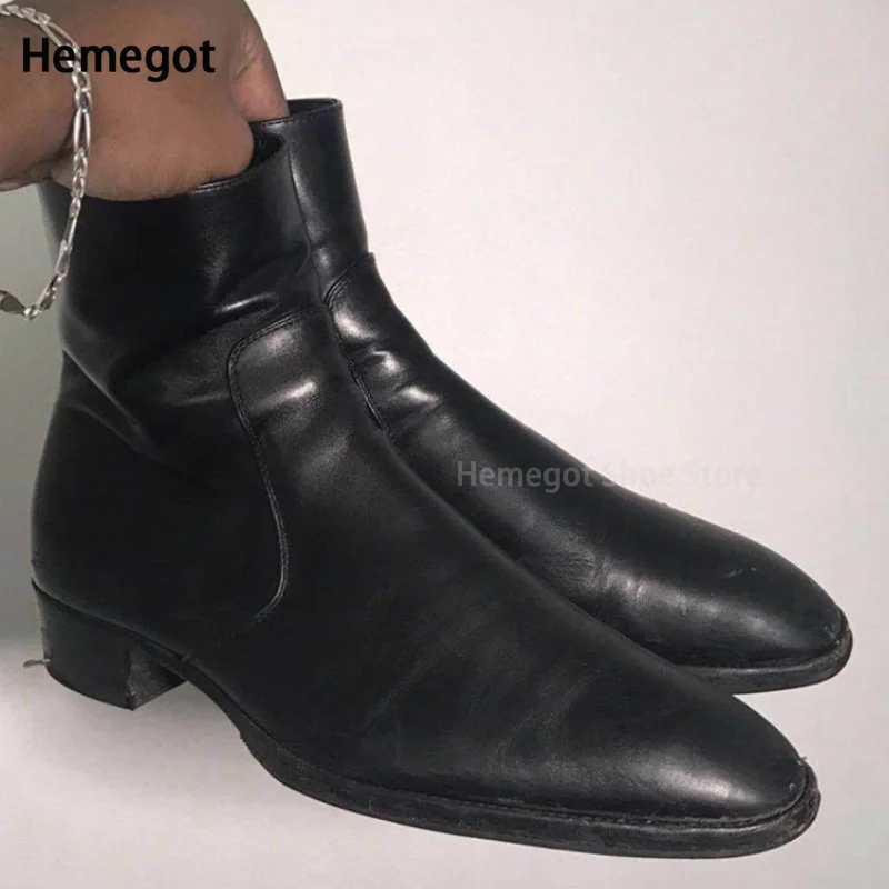 Black High Top Side Zip Boots Spring Summer Chelsea Boots Men's Cowhide English Pointy Boots Hipster Handmade High Quality Boots