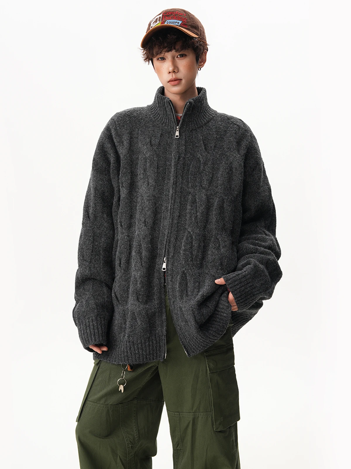 Spring and Autumn American Style Men's Blue and Dark Gray Cable Knit Cardigan Couple Loose Black and Beige Crew Neck Sweater