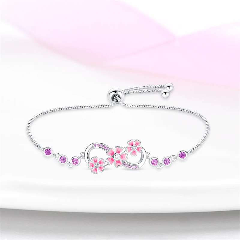 Bracciale argento 925 originale regolabile Fantasy Lucky Symbol Pink Flower zircone bracciali Fit Charms fai da te regali di gioielli di compleanno