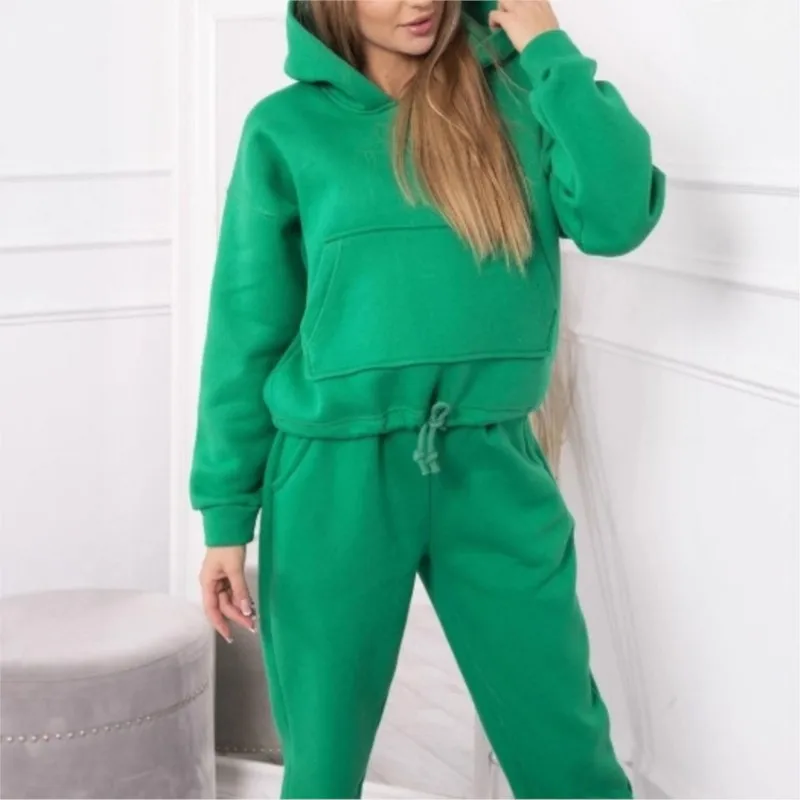 الخريف الشتاء سميكة المرأة مقنعين البلوز الصوف 2 قطعة مجموعة أزياء بسيطة جيب فضفاض الرياضة عارضة قطعتين مجموعة