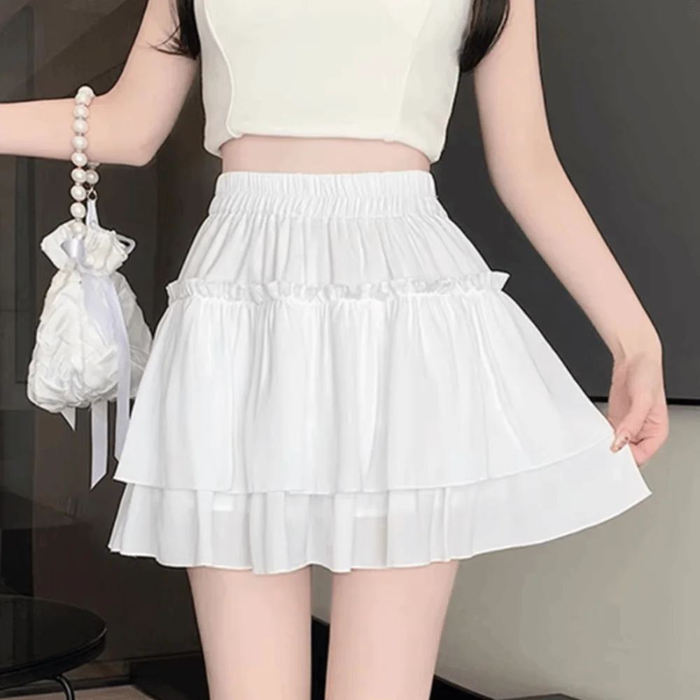 Chic Sweet Style Pleated A-Line Skirt Versatile Elegant Tiered Skirt High Waist Basic Cut Elastic Waist Skirt Summer