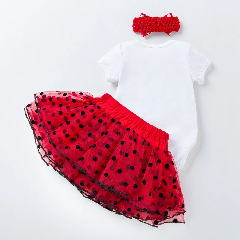 Traje de verano para bebé, vestido de primer cumpleaños infantil, pelele de manga corta con mariquita de dibujos animados, vestido de princesa de lunares, accesorios para el cabello, 3 unidades