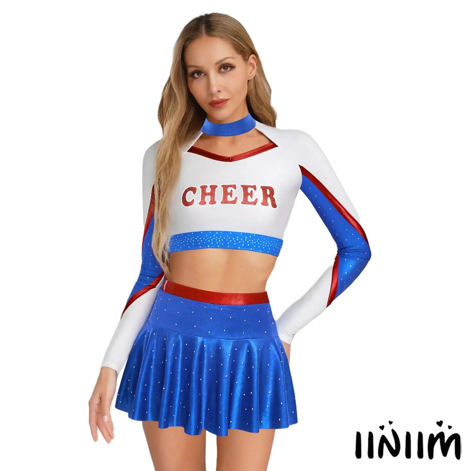 

Metallic Shiny Two-Piece Outfit for Womens Hollow-Out Crop Top with A-Line Skirt Set for Night Outs Cheerleading Dance Parties