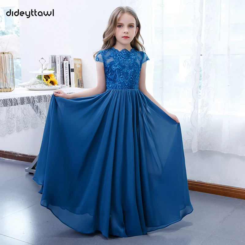 Dideyttawl Royal Blue Chiffon Lace Flower Girls Dress Cap Sleeves A-Line Junior Bridesmaid Gown Birthday Party