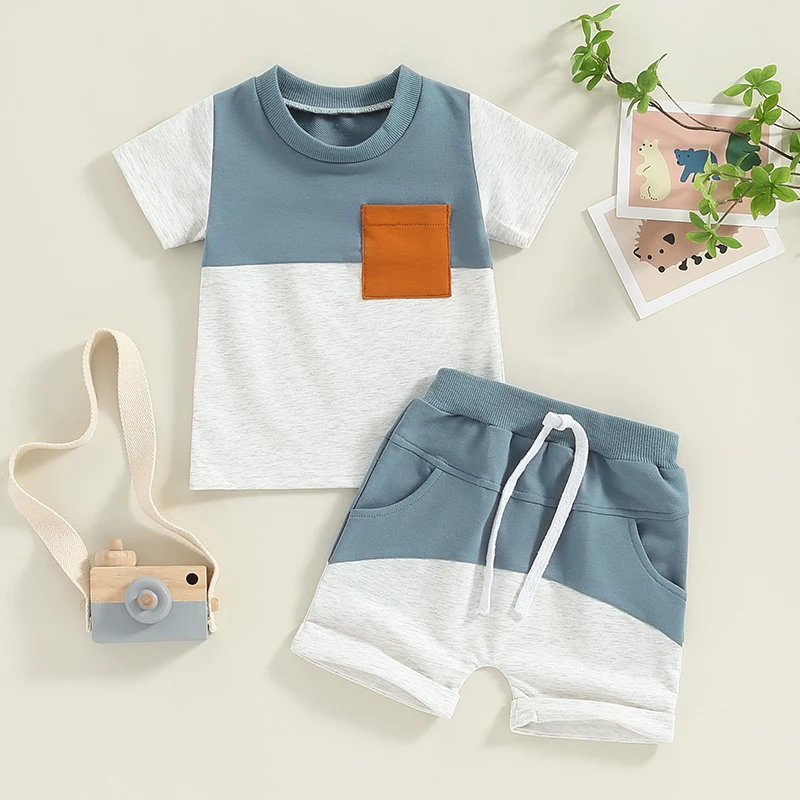 SUNSIOM Toddler Boys Summer Outfits Contrast Color Short Sleeve T-Shirts Tops Elastic Waist Shorts 2Pcs Clothes Set