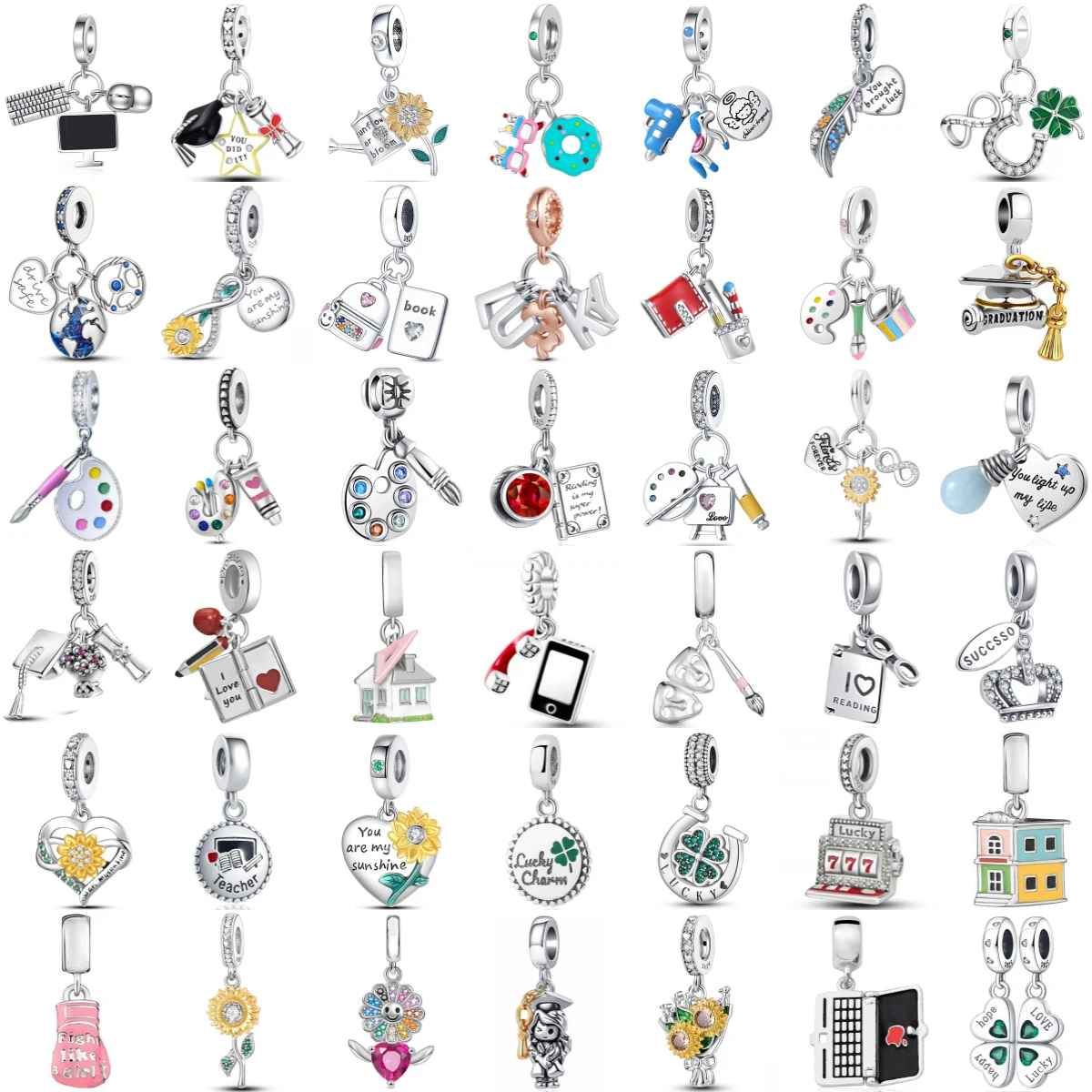925 Sterling Silver Book Camera Sunflower Paint Palette Lucky Clover Graduation Cap DIY Bracelet Necklace Jewelry Making Gift