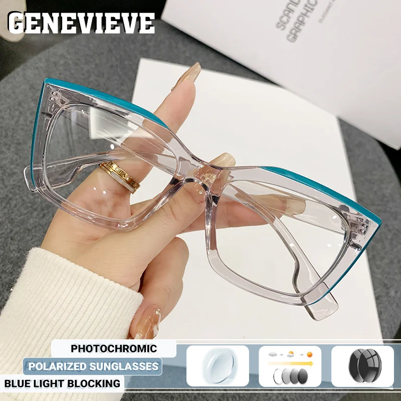 GENEVIEVE New Unique Geometric Design Women's Photochromic Anti Blue-ray Glasses Polarized Sunglasses Customizable Prescription