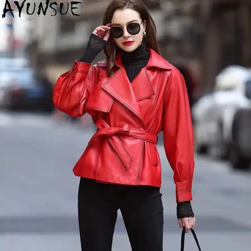 Genuine AYUNSUE Leather Jacket High Quality Real Sheepskin Jackets for Women 2024 Fashion Vintage Coat Lace-up