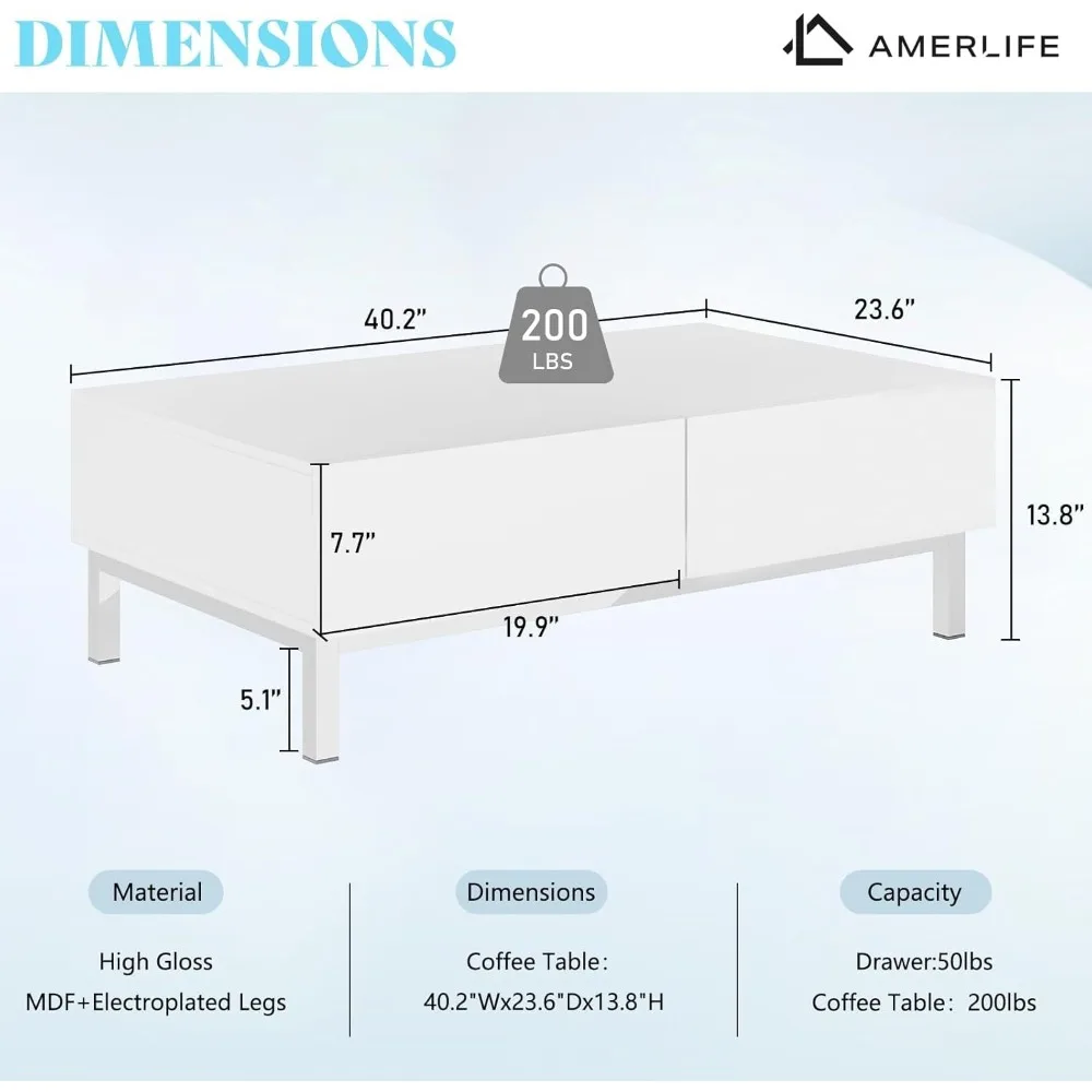 طاولة قهوة واسعة اللمعان مطلية بالكهرباء مقاس 40 بوصة مع درجين تخزين مغناطيسيين، وطاولة مركزية حديثة وبسيطة، لغرفة المعيشة