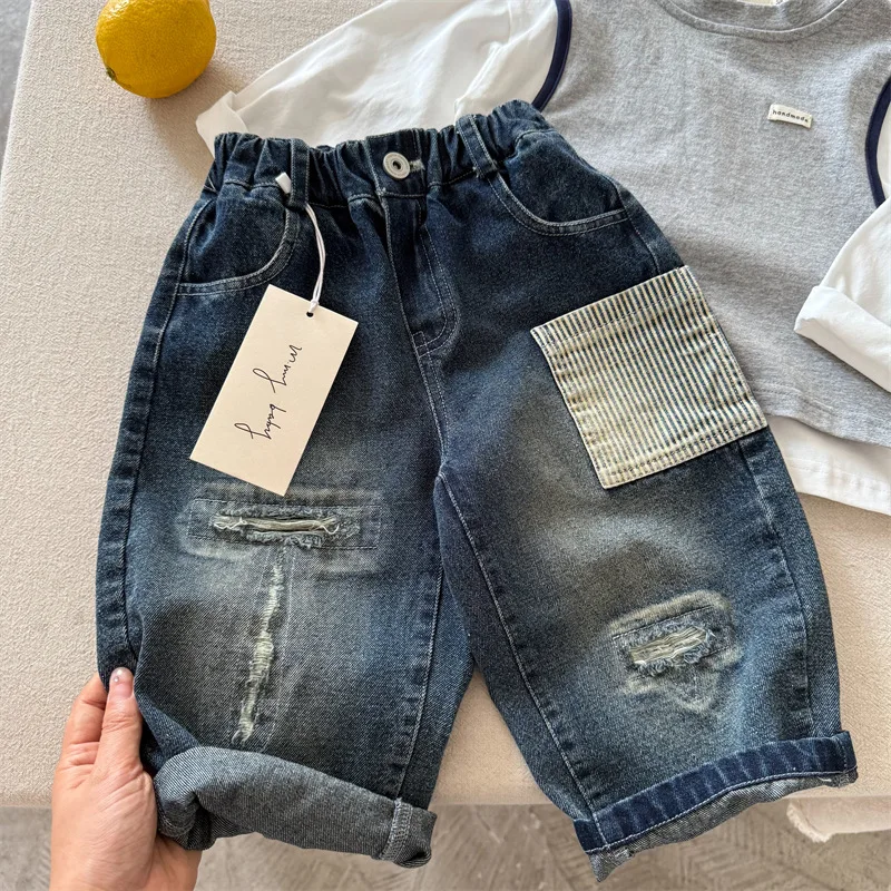 Children's Long Pants 2025 Autumn New Boys and Girls Distressed Ripped Jeans Baby Personality Straight Pants