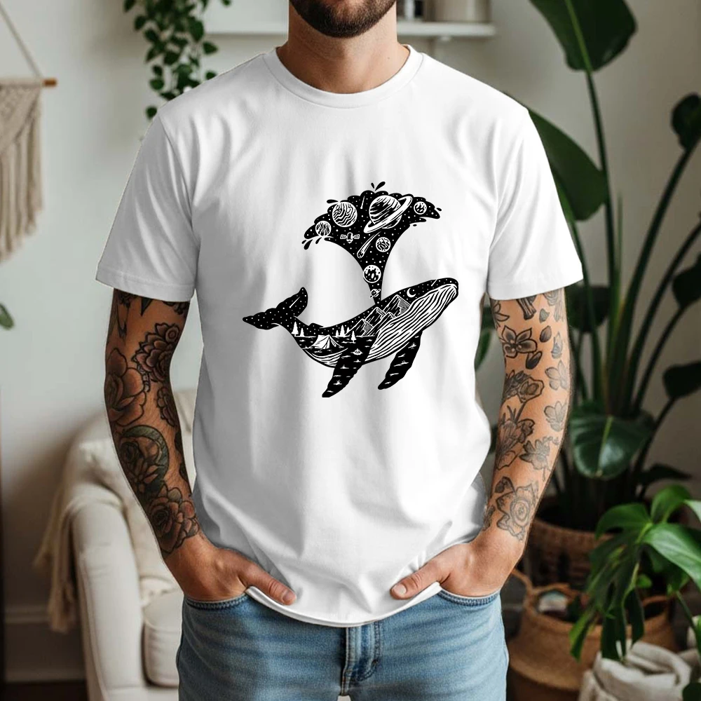 2026 Summer  Cotton Interstellar Whale Graphic Oversized Tee Fantasy Art Dark Cool Themed Short Sleeve Relaxing and Comfortable