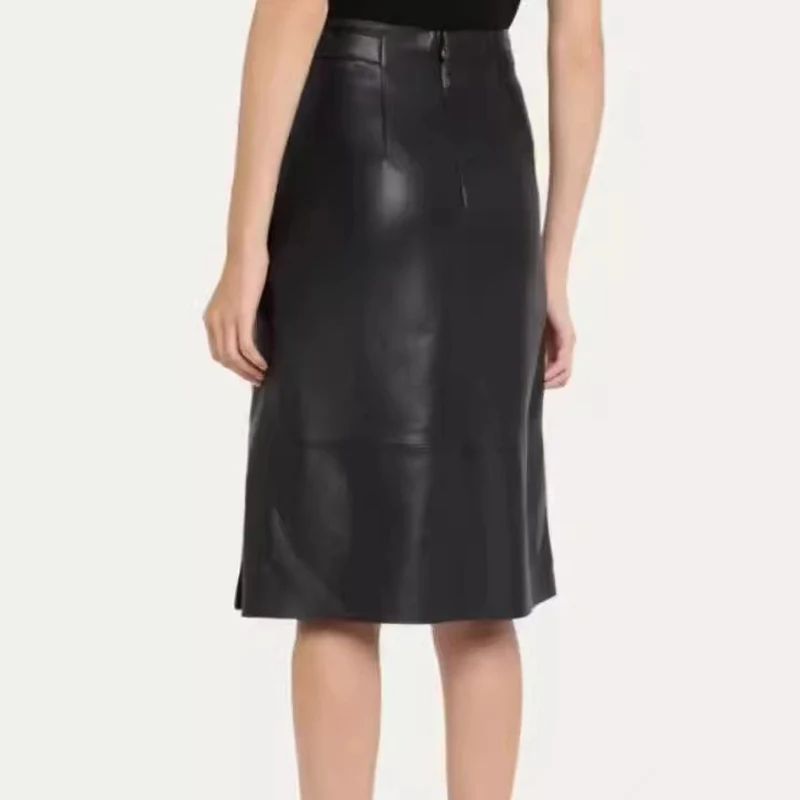 Women Minimalist Classic Lambskin Pencil Skirt Female Genuine Sheepskin Burgundy Midi Saia Mujer Side Belt Slit OL Clothes