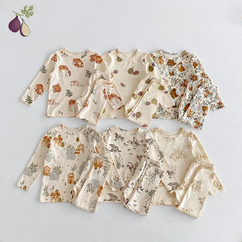 2024 New Autumn Children's Home Clothes Boys Animal  Print Pajama Set Girls Cute Indoor Clothing Set Cotton Underwear