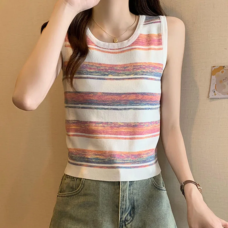 

Вязаный женский свитер, жилет, свитера, новая верхняя одежда без рукавов, вязаный свитер, жилет, женские топы с круглым вырезом, полосатые Sueters De Mujer Q2484