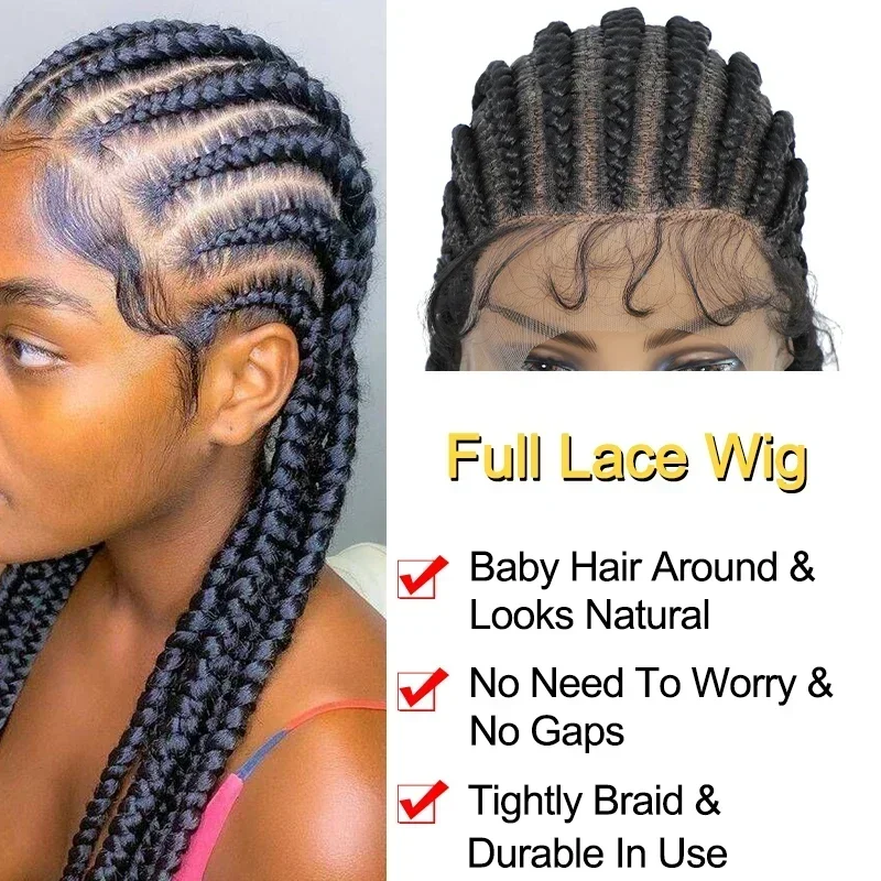 36inch Full Lace Box Braid Wig with Baby Hairs Cornrow Box Braided Wig 360 Lace Front Wig Ombre Synthetic Braided Wigs for Women