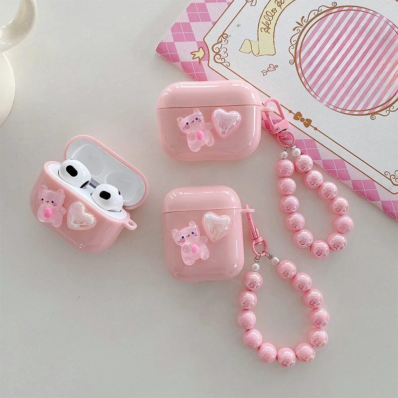 1Pc Cute Pink Sweetheart Girl Bluetooth Earphones Case for Airpods 1 2 3 Pro Lovely Cat Earphones Protector with Beaded Lanyards