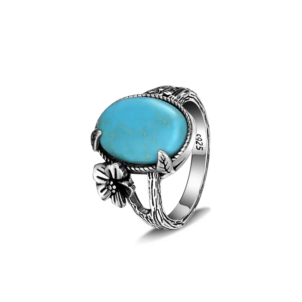 Natural 10*14mm Turquoise Ring 925 Sterling Silver Rings for Women Vintage Leaf Sun Flower Finger Ring Luxury Fine Jewelry Gift