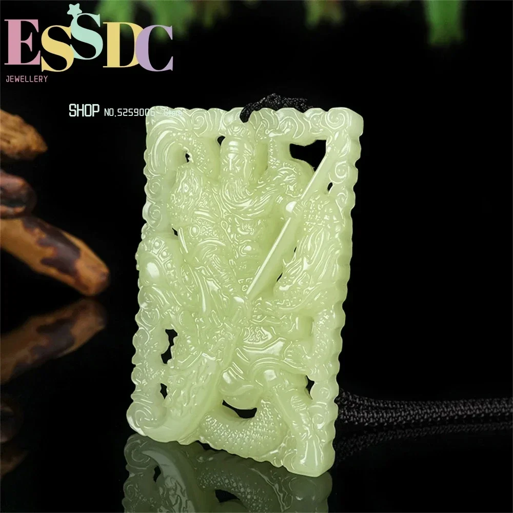 Natural Hotan Jade Yellow Mouth Material Double Sided Hollow Guan Gong Ink Retrospective Peace Buckle Pendant for Men and Women