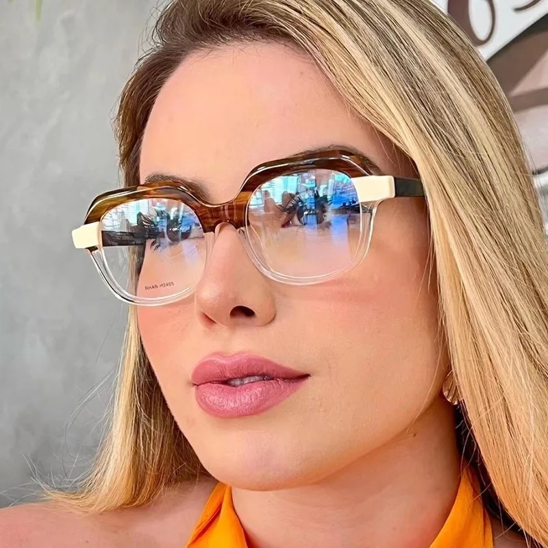 Runde Retro Anti-Blaulicht-Brille mit quadratischem Rahmen für Damen und Herren, modische zweifarbige Damenbrille mit klaren Gläsern, Lesebrille