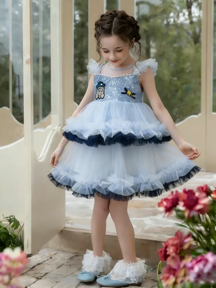

2026 New Baby Summer Girls Boutique Blue Mesh Vest Tutu Dress, Princess Kids Sweet Fashion Party Dress 3 -8 T