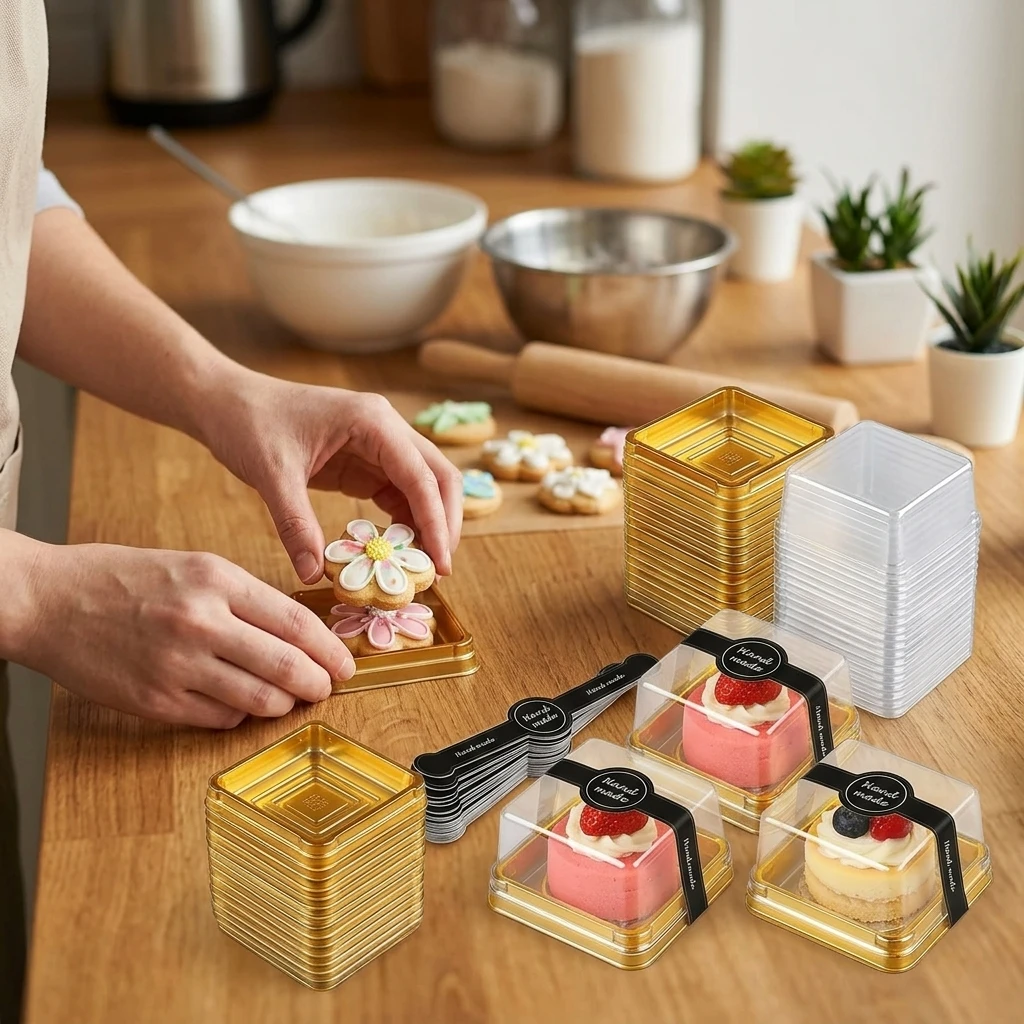 50Pcs Mini Cake Boxes Disposable Individual Packaging with Lids and 50 Stickers Clear Windows Food Grade Material for Parties