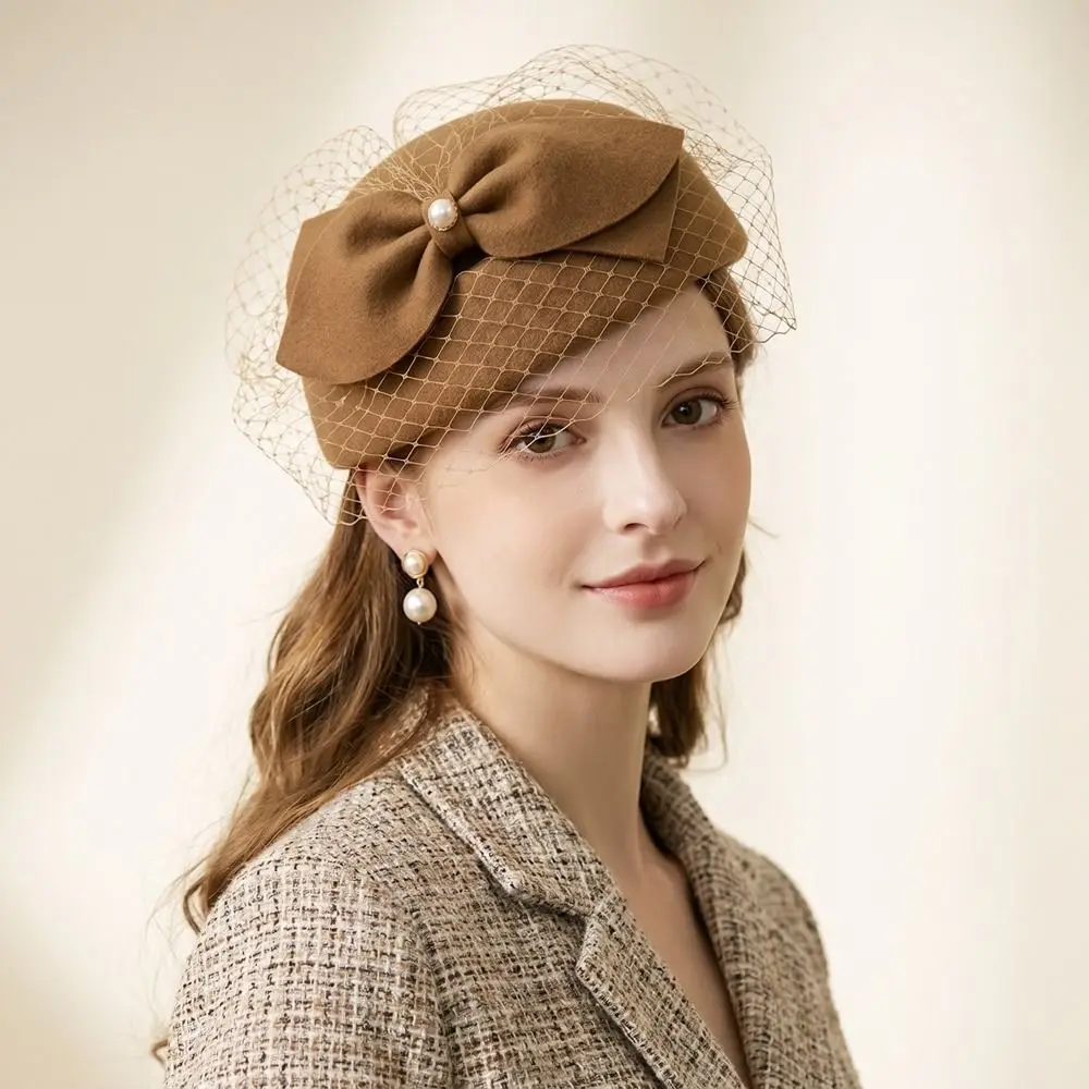 Uniform Stewardess Hat French Style Bow Fedora Hat Fedoras Pearls Pillbox Hat Versatile Elegant Woolen Beret Live Show