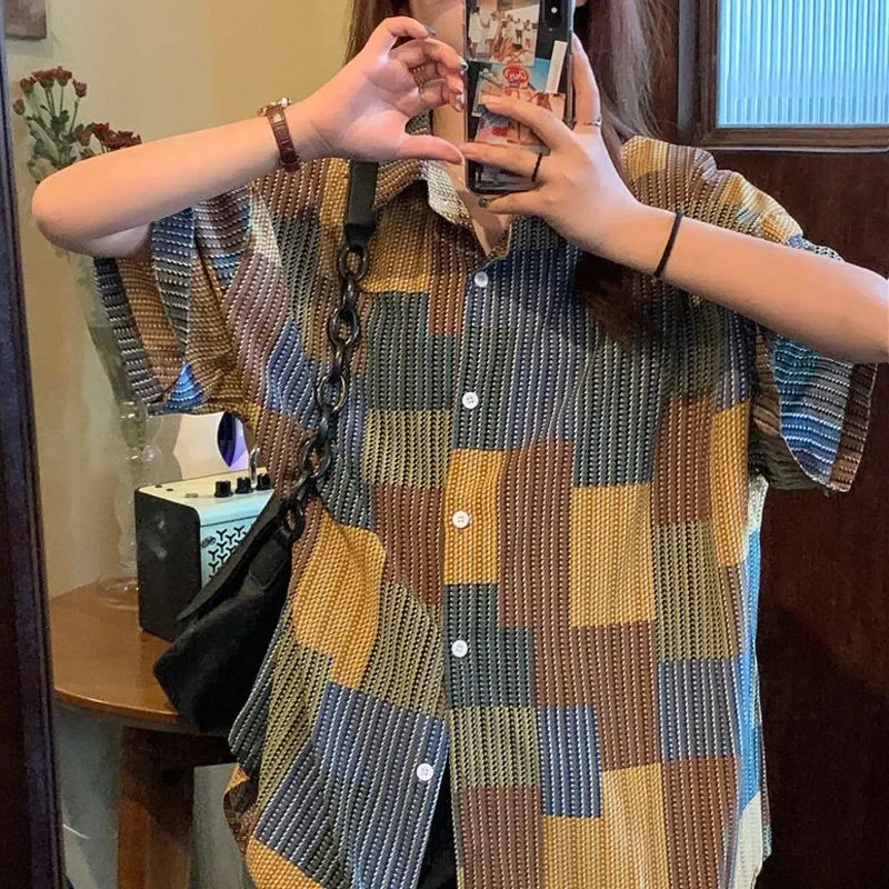 

Women's Retro Plaid Short Sleeve Shirt, Loose Casual Color Block Blouse, Vintage Streetwear Top