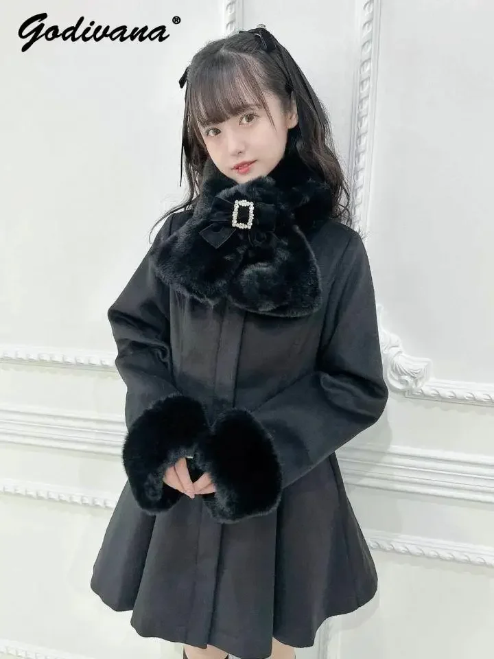 Rojita Woolen Coat Jacket New Autumn and Winter Japanese Girl Female Cute Sweet Plush Straps Pearl Slim Long Overcoat