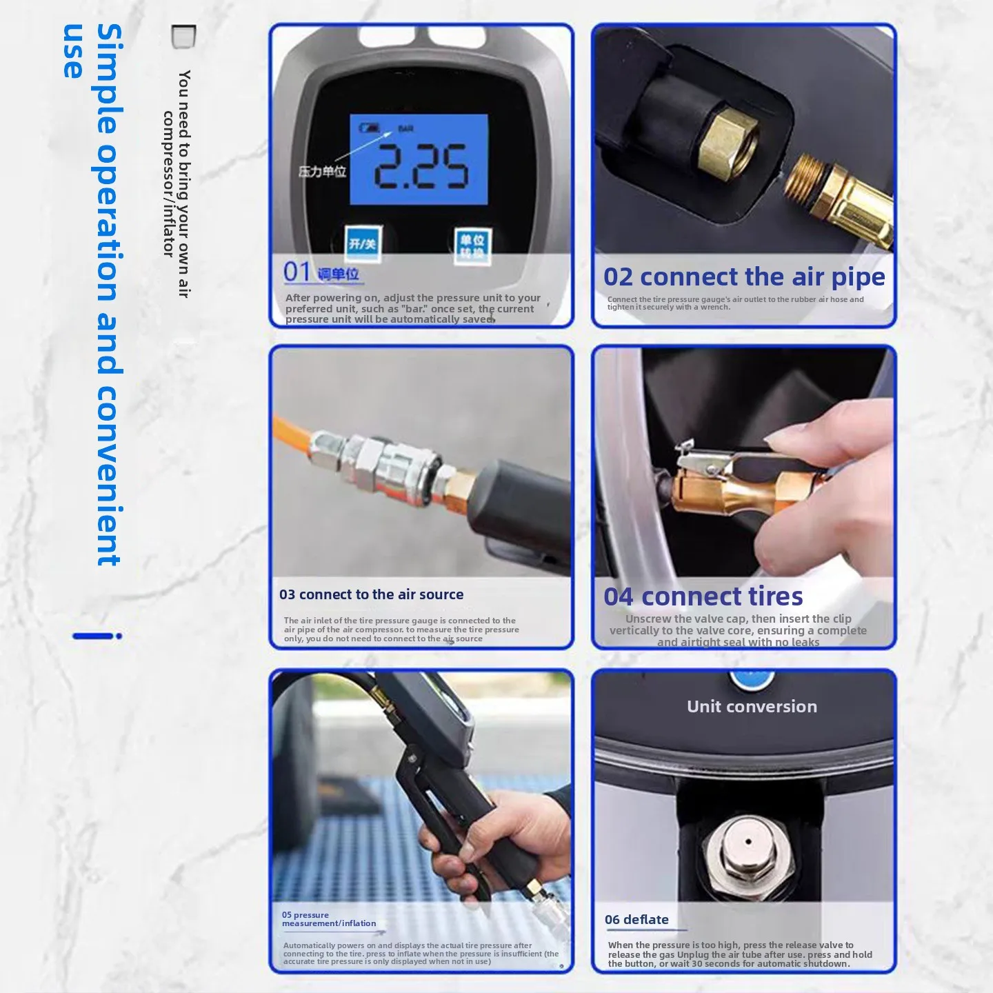 Precyzyjny cyfrowy elektroniczny manometr do opon samochodowych z pistoletem do pompowania i miernikiem ciśnienia powietrza.