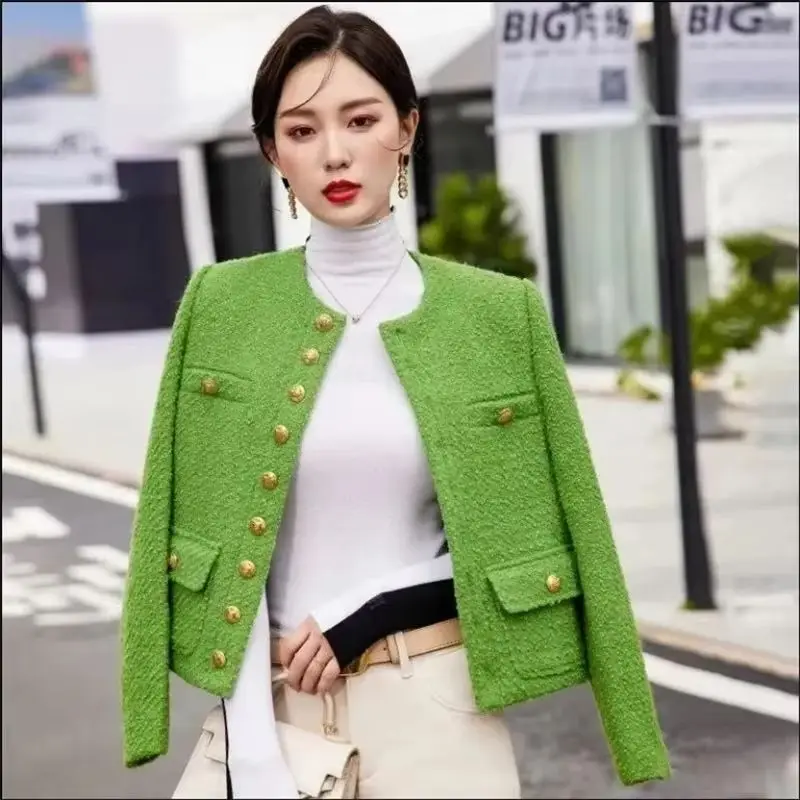 

2026 Spring Autumn Women's Fashion Short Jacket Small Fragrance Style Versatile High Waist Green Jacket High-end Top Outerwear