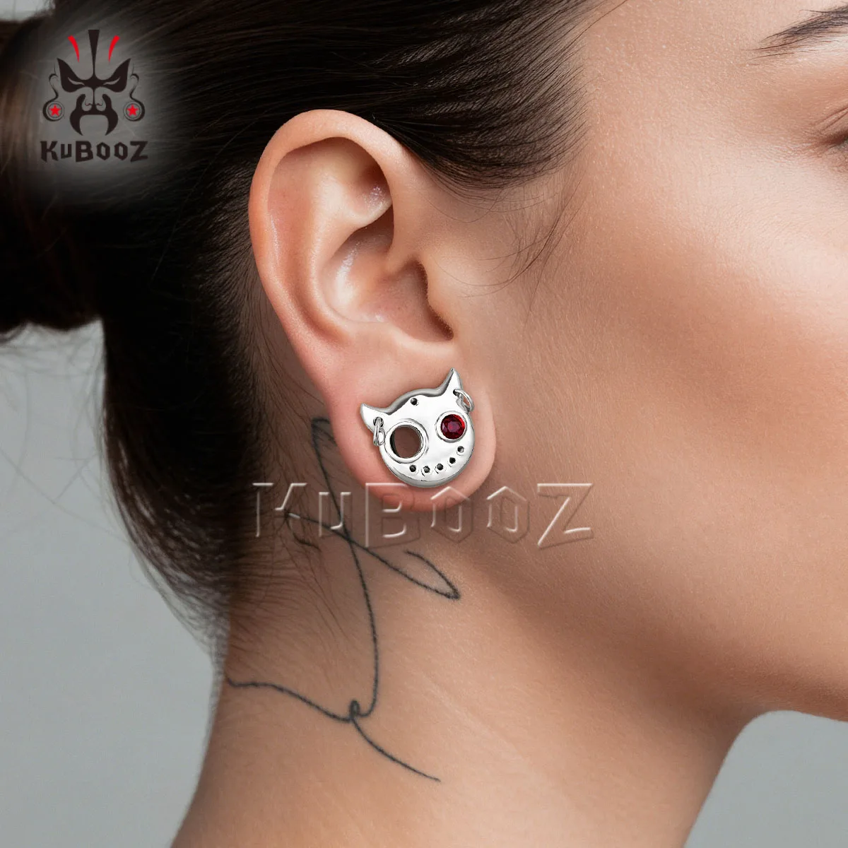KUBOOZ Devil Eye Ohr-Tunnel-Plugs aus 316L Edelstahl, hypoallergen, mit CZ-Steinen, Ohr-Dehnungsringe, Punk-Gothic-Piercing-Schmuck – Detail 4
