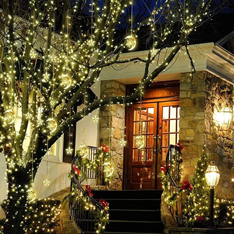 سلسلة ضوء نجمة وقمر لتزيين المنزل ، مقاومة للماء في الهواء الطلق ، غرفة نوم ، حفلة ، حفل زفاف ، جو ، ضوء ستارة ، قابس يو دبليو ، m ، 12