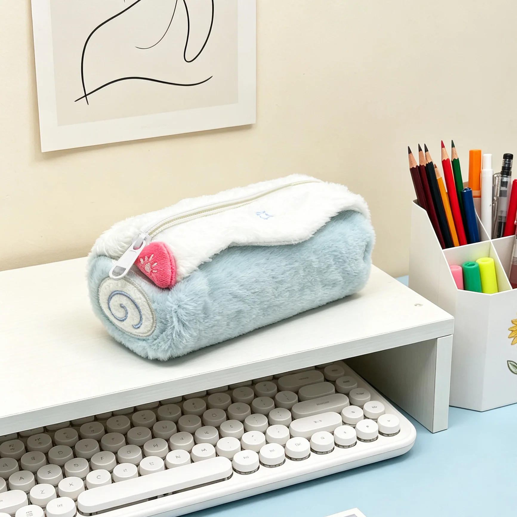 Cute Kawaii Swiss Roll Cake Plush Pencil Case Large Capacity Storage Zipper Pouch Cosmetic Bag for Girls Student Desk Gift view 5