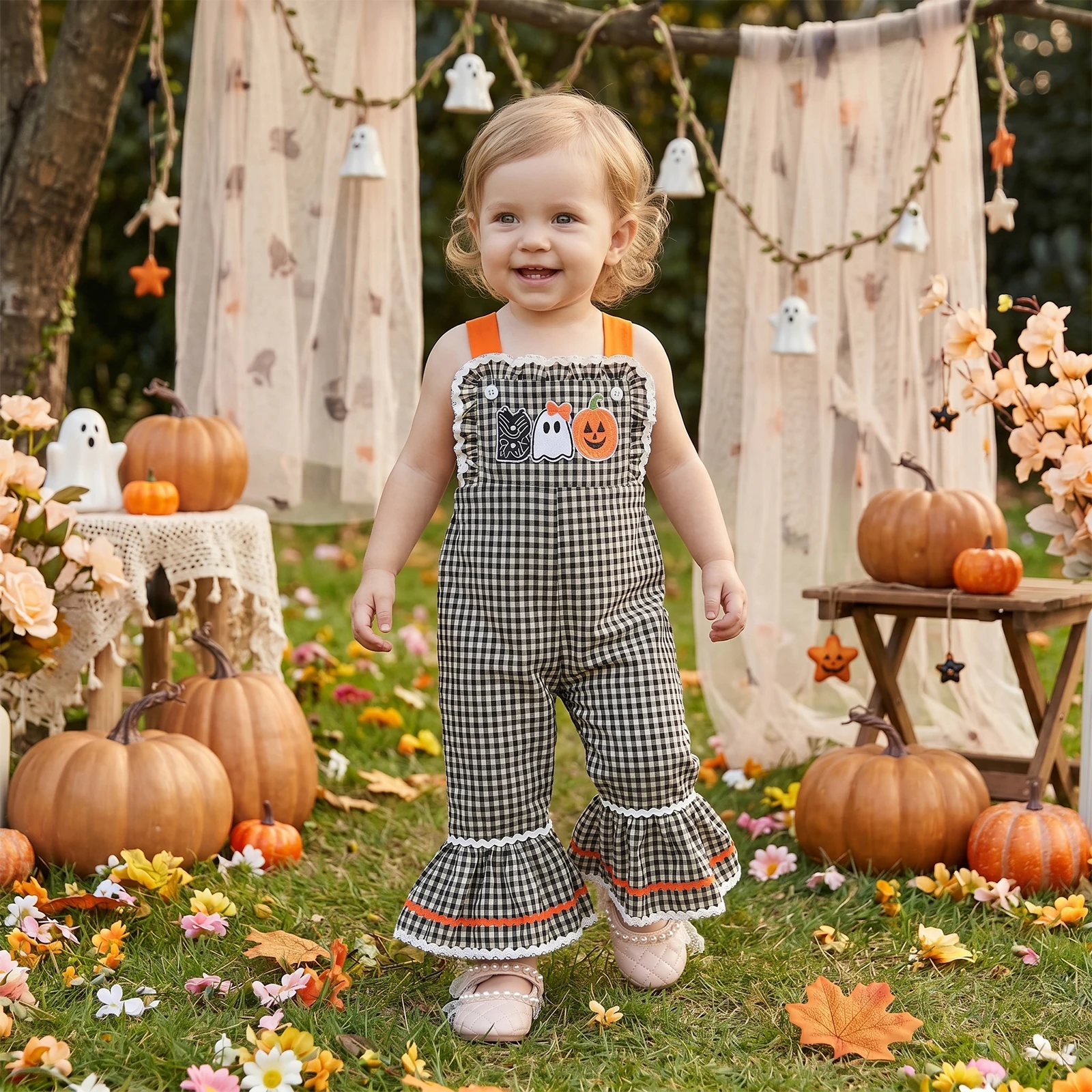 Baby Girls Halloween Plaid Overalls Embroidery Sleeveless Flared Jumpsuit Suspender Pants for Toddler