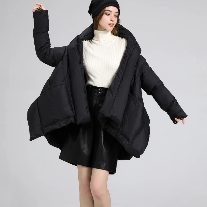 New Winter Irregular Shawl Jacket White Duck Down Coat Overcoat Women Medium-length Thickened Loose Hooded Puffer Parka Jacket