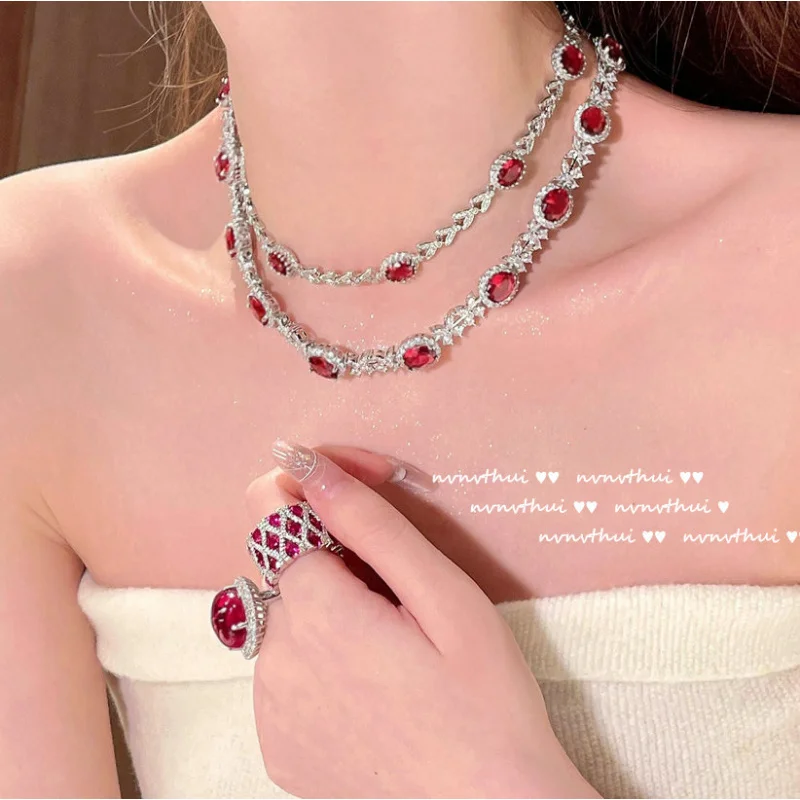 

Mogu Blood Pomegranate Ruby Wheat Spike Necklace Neon Glamour Plated18KGold Christmas Red Zircon Bracelet Set