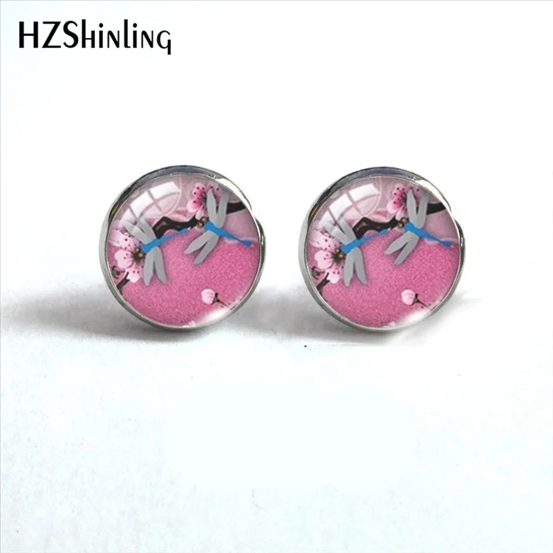 2023 New Japanese Flowers Stud Earring Sakura Round Earrings Handmade Glass Dome Photo Printed Jewelry Gifts