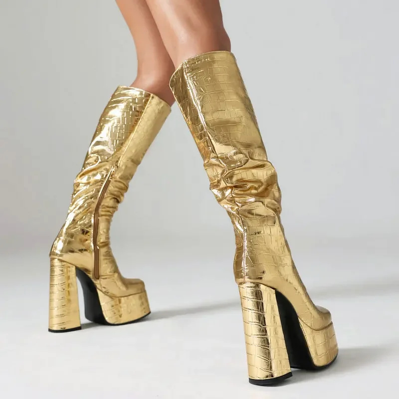 

Sexy Crocodile PU Skin Pattern Shiny Gold Silver Square Toe Block High Heels Women Shoes Winter Pleated Knee-high Platform Boots