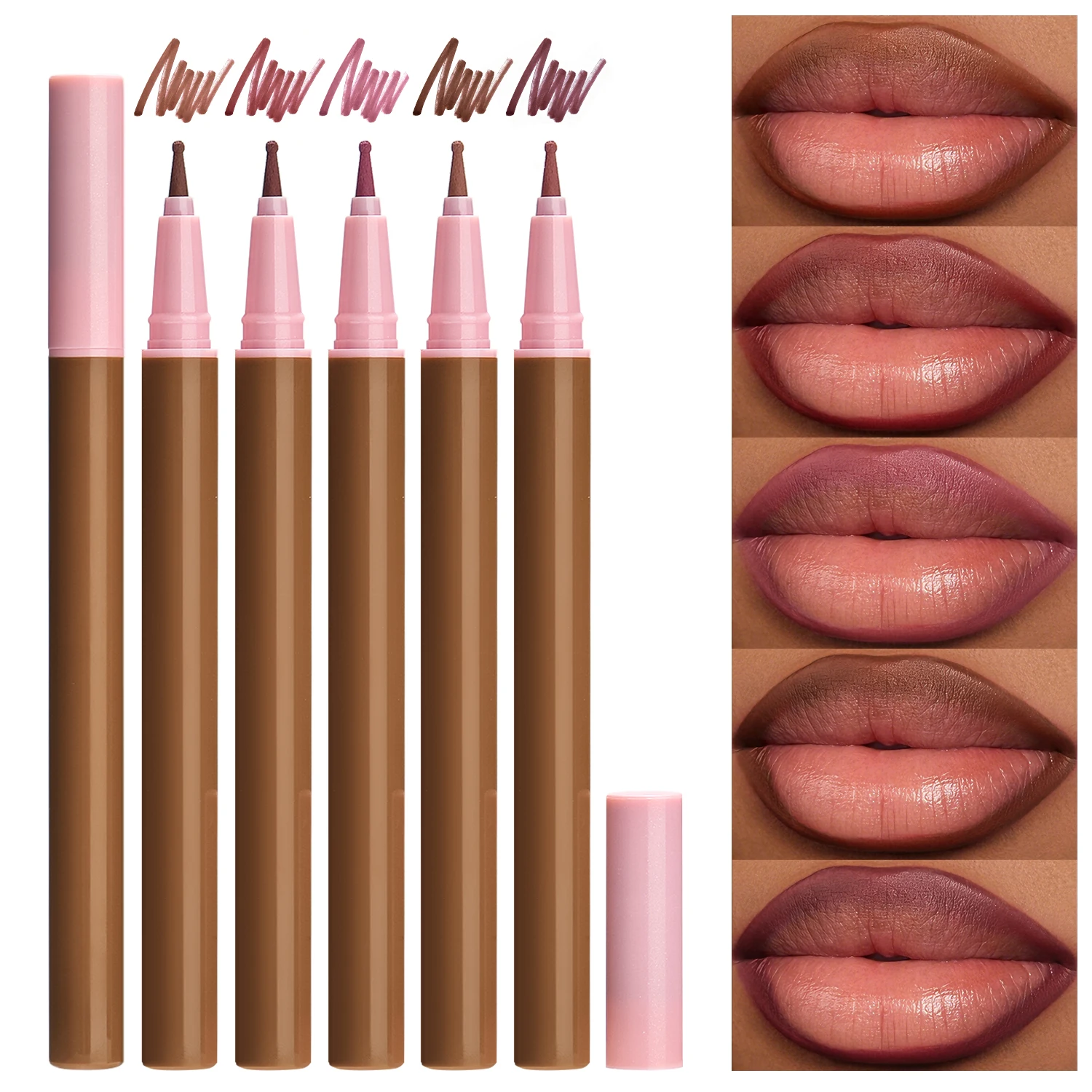 5-kleuren vloeibare lipliner private label bulk waterdicht langdurig hoog gepigmenteerd mat glad aangepast logo make-up veganistisch